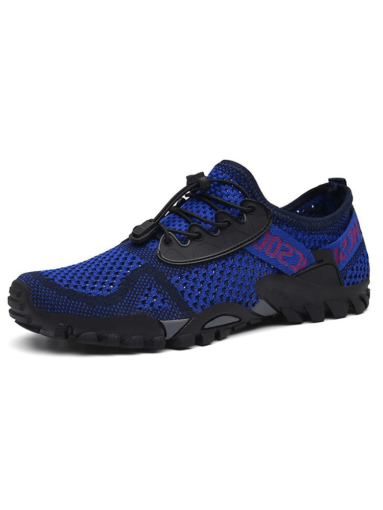 Breathable Elastic Men's Camping Shoes SF0827 in blue, featuring mesh upper, durable rubber outsole, and comfortable EVA insole.
